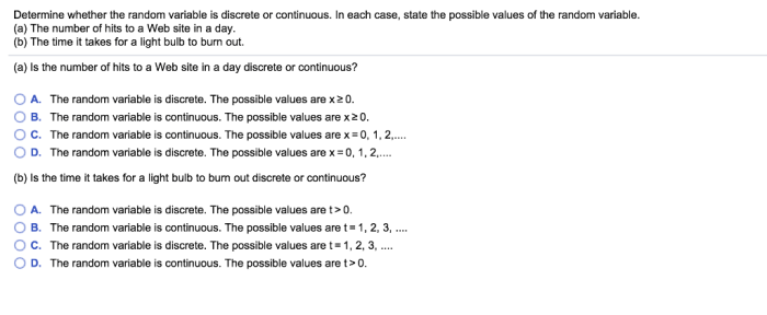 Random variable values possible discrete whether determine continuous case state bulbs chegg transcribed text show burn week number light room